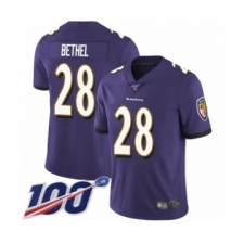 Men's Baltimore Ravens #28 Justin Bethel Purple Team Color Vapor Untouchable Limited Player 100th Season Football Jersey
