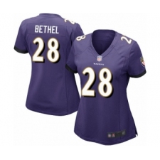 Women's Baltimore Ravens #28 Justin Bethel Game Purple Team Color Football Jersey