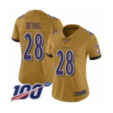 Women's Baltimore Ravens #28 Justin Bethel Limited Gold Inverted Legend 100th Season Football Jersey