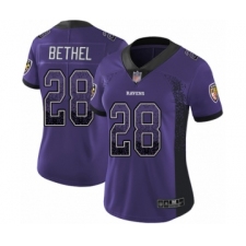 Women's Baltimore Ravens #28 Justin Bethel Limited Purple Rush Drift Fashion Football Jersey