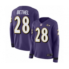 Women's Baltimore Ravens #28 Justin Bethel Limited Purple Therma Long Sleeve Football Jersey