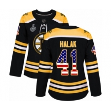 Women's Boston Bruins #41 Jaroslav Halak Authentic Black USA Flag Fashion 2019 Stanley Cup Final Bound Hockey Jersey
