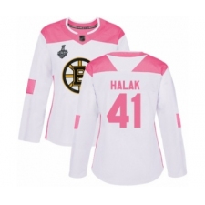Women's Boston Bruins #41 Jaroslav Halak Authentic White Pink Fashion 2019 Stanley Cup Final Bound Hockey Jersey