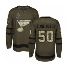 Men's St. Louis Blues #50 Jordan Binnington Authentic Green Salute to Service 2019 Stanley Cup Final Bound Hockey Jersey