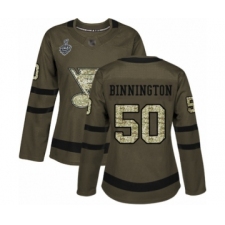Women's St. Louis Blues #50 Jordan Binnington Authentic Green Salute to Service 2019 Stanley Cup Final Bound Hockey Jersey
