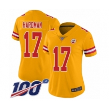 Women's Kansas City Chiefs #17 Mecole Hardman Limited Gold Inverted Legend 100th Season Football Jersey