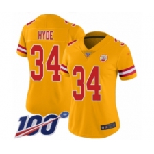 Women's Kansas City Chiefs #34 Carlos Hyde Limited Gold Inverted Legend 100th Season Football Jersey