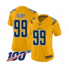 Women's Los Angeles Chargers #99 Jerry Tillery Limited Gold Inverted Legend 100th Season Football Jersey