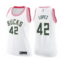 Women's Milwaukee Bucks #42 Robin Lopez Swingman White Pink Fashion Basketball Jersey