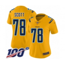 Women's Los Angeles Chargers #78 Trent Scott Limited Gold Inverted Legend 100th Season Football Jersey