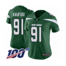 Women's New York Jets #91 Bronson Kaufusi Green Team Color Vapor Untouchable Limited Player 100th Season Football Jersey