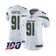 Women's New York Jets #91 Bronson Kaufusi White Vapor Untouchable Limited Player 100th Season Football Jersey