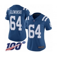 Women's Indianapolis Colts #64 Mark Glowinski Limited Royal Blue Rush Vapor Untouchable 100th Season Football Jersey