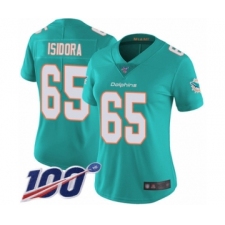 Women's Miami Dolphins #65 Danny Isidora Aqua Green Team Color Vapor Untouchable Limited Player 100th Season Football Jersey