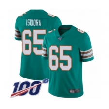 Youth Miami Dolphins #65 Danny Isidora Aqua Green Alternate Vapor Untouchable Limited Player 100th Season Football Jersey