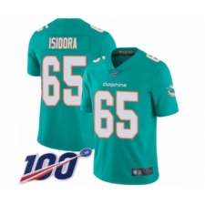 Youth Miami Dolphins #65 Danny Isidora Aqua Green Team Color Vapor Untouchable Limited Player 100th Season Football Jersey