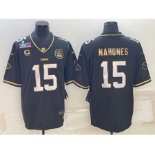 Men’s Kansas City Chiefs #15 Patrick Mahomes Black Gold Super Bowl LVII Patch And 4-star C Patch Vapor Untouchable Limited Stitched Jersey