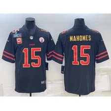 Men’s Kansas City Chiefs #15 Patrick Mahomes Black Red Gold Super Bowl LVII Patch And 4-star C Patch Vapor Untouchable Limited Stitched Jersey