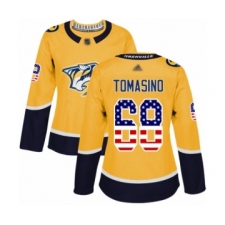 Women's Nashville Predators #68 Philip Tomasino Authentic Gold USA Flag Fashion Hockey Jersey
