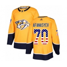 Men's Nashville Predators #70 Egor Afanasyev Authentic Gold USA Flag Fashion Hockey Jersey