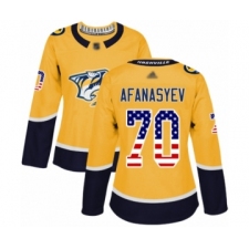 Women's Nashville Predators #70 Egor Afanasyev Authentic Gold USA Flag Fashion Hockey Jersey