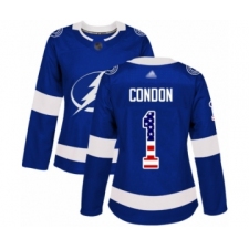 Women's Tampa Bay Lightning #1 Mike Condon Authentic Blue USA Flag Fashion Hockey Jersey