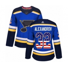 Women's St. Louis Blues #32 Nikita Alexandrov Authentic Blue USA Flag Fashion Hockey Jersey