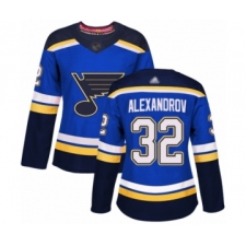 Women's St. Louis Blues #32 Nikita Alexandrov Authentic Royal Blue Home Hockey Jersey
