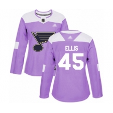 Women's St. Louis Blues #45 Colten Ellis Authentic Purple Fights Cancer Practice Hockey Jersey