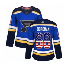 Women's St. Louis Blues #68 Andreas Borgman Authentic Blue USA Flag Fashion Hockey Jersey