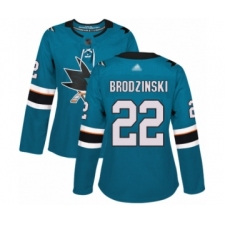 Women's San Jose Sharks #22 Jonny Brodzinski Authentic Teal Green Home Hockey Jersey