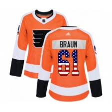 Women's Philadelphia Flyers #61 Justin Braun Authentic Orange USA Flag Fashion Hockey Jersey
