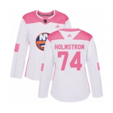 Women's New York Islanders #74 Simon Holmstrom Authentic White Pink Fashion Hockey Jersey