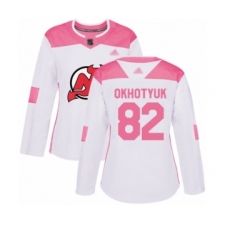 Women's New Jersey Devils #82 Nikita Okhotyuk Authentic White Pink Fashion Hockey Jersey