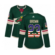 Women's Minnesota Wild #23 J.T. Brown Authentic Green USA Flag Fashion Hockey Jersey
