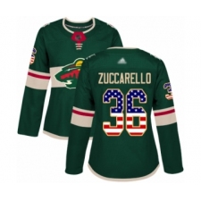 Women's Minnesota Wild #36 Mats Zuccarello Authentic Green USA Flag Fashion Hockey Jersey