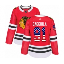 Women's Chicago Blackhawks #91 Drake Caggiula Authentic Red USA Flag Fashion Hockey Jersey