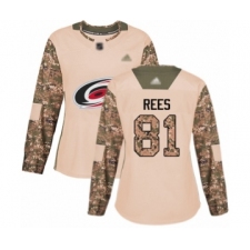 Women's Carolina Hurricanes #81 Jamieson Rees Authentic Camo Veterans Day Practice Hockey Jersey