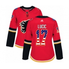 Women's Calgary Flames #17 Milan Lucic Authentic Red USA Flag Fashion Hockey Jersey
