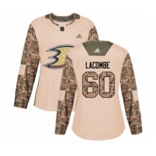 Women's Anaheim Ducks #60 Jackson Lacombe Authentic Camo Veterans Day Practice Hockey Jersey