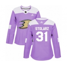 Women's Anaheim Ducks #31 Anthony Stolarz Authentic Purple Fights Cancer Practice Hockey Jersey