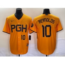 Men's Nike Pittsburgh Pirates #10 Bryan Reynolds Number Gold 2023 City Connect Stitched Jersey1