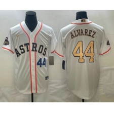 Mens Houston Astros #44 Yordan Alvarez Number 2023 White Gold World Serise Champions Cool Base Stitched Jersey