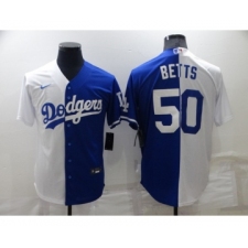Men's Los Angeles Dodgers #50 Mookie Betts White Blue Split Cool Base Stitched Baseball Jersey