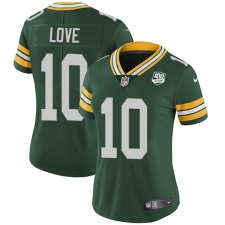 Women's Green Bay Packers #10 Jordan Love Green Team Color 100th Season Stitched NFL Vapor Untouchable Limited Jersey