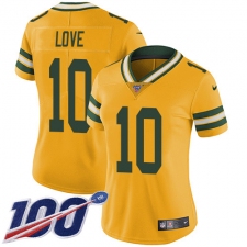 Women's Green Bay Packers #10 Jordan Love Yellow Stitched NFL Limited Rush 100th Season Jersey