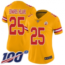Women's Kansas City Chiefs #25 Clyde Edwards-Helaire Gold Stitched Limited Inverted Legend 100th Season Jersey