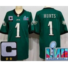 Youth Philadelphia Eagles #1 Jalen Hurts Limited Green C Patch Super Bowl LVII Vapor Jersey