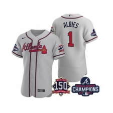 Men's Atlanta Braves #1 Ozzie Albies 2021 Gray World Series Champions With 150th Anniversary Flex Base Stitched Jersey