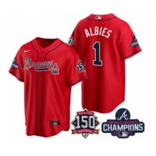 Men's Atlanta Braves #1 Ozzie Albies 2021 Red World Series Champions With 150th Anniversary Patch Cool Base Stitched Jersey